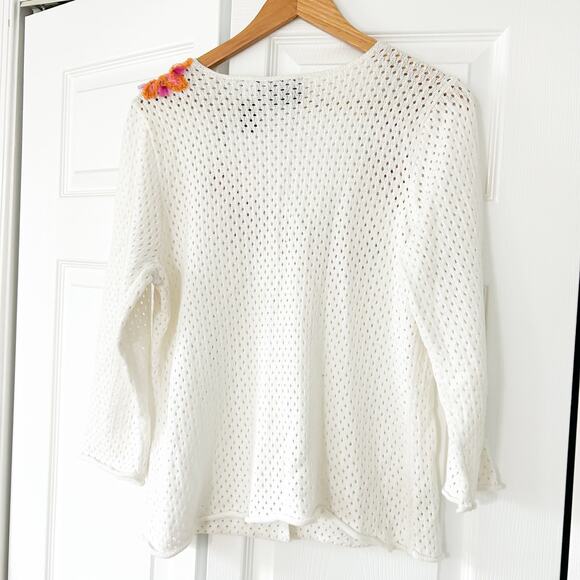 JH Collectibles White Knit Cardigan Large Floral Embroidered 3/4 Sleeve Top - Picture 3 of 6